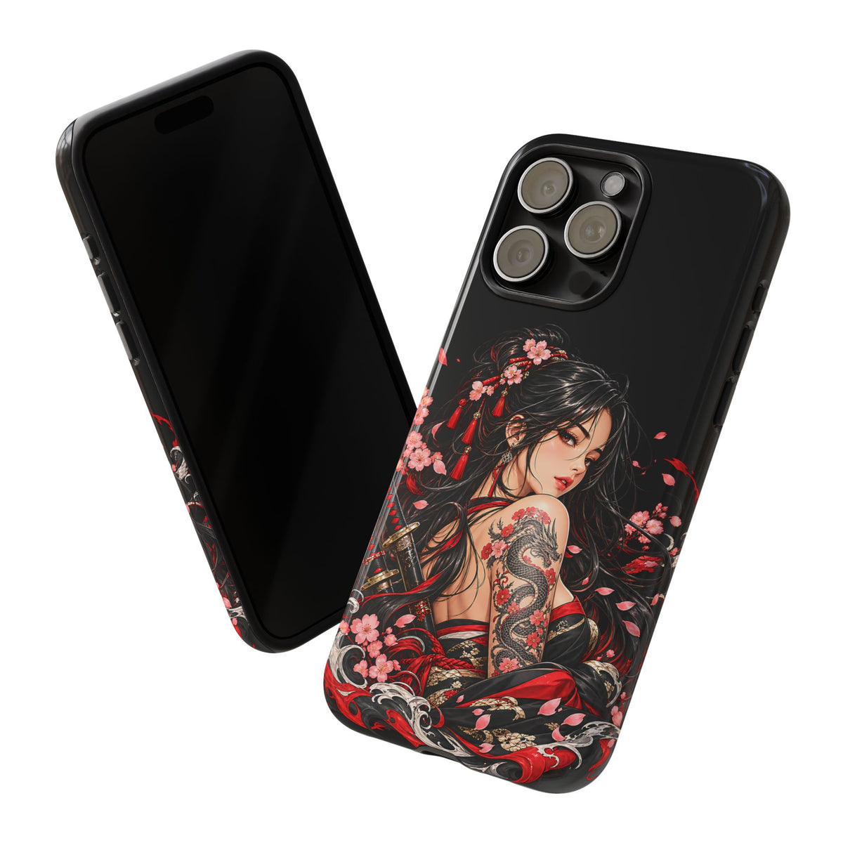 Japanese Warrior Girl Phone Case – Dragon & Cherry Blossom Tough Case