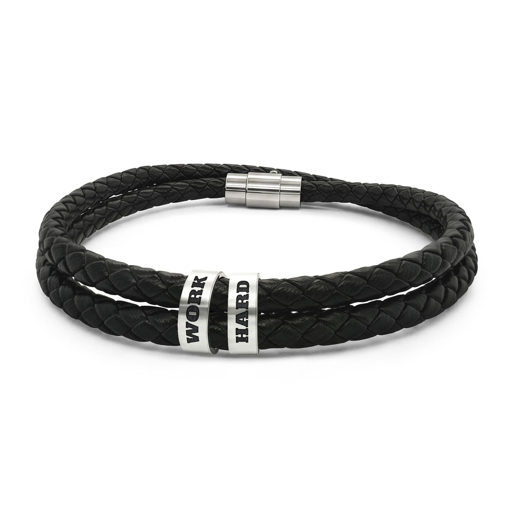 Work Hard Leather Bracelet – Engraved Beads