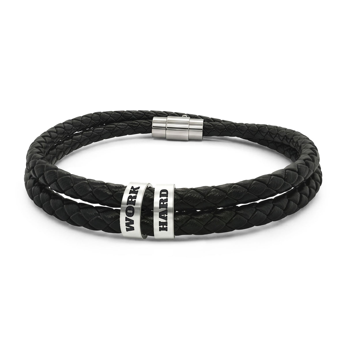 Work Hard Leather Bracelet – Engraved Beads
