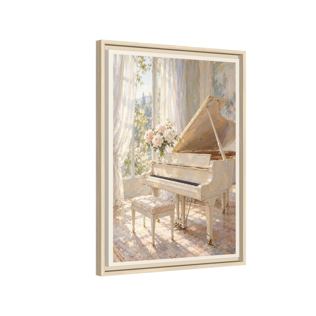 White Grand Piano Framed Canvas – Elegant Music Room Wall Art