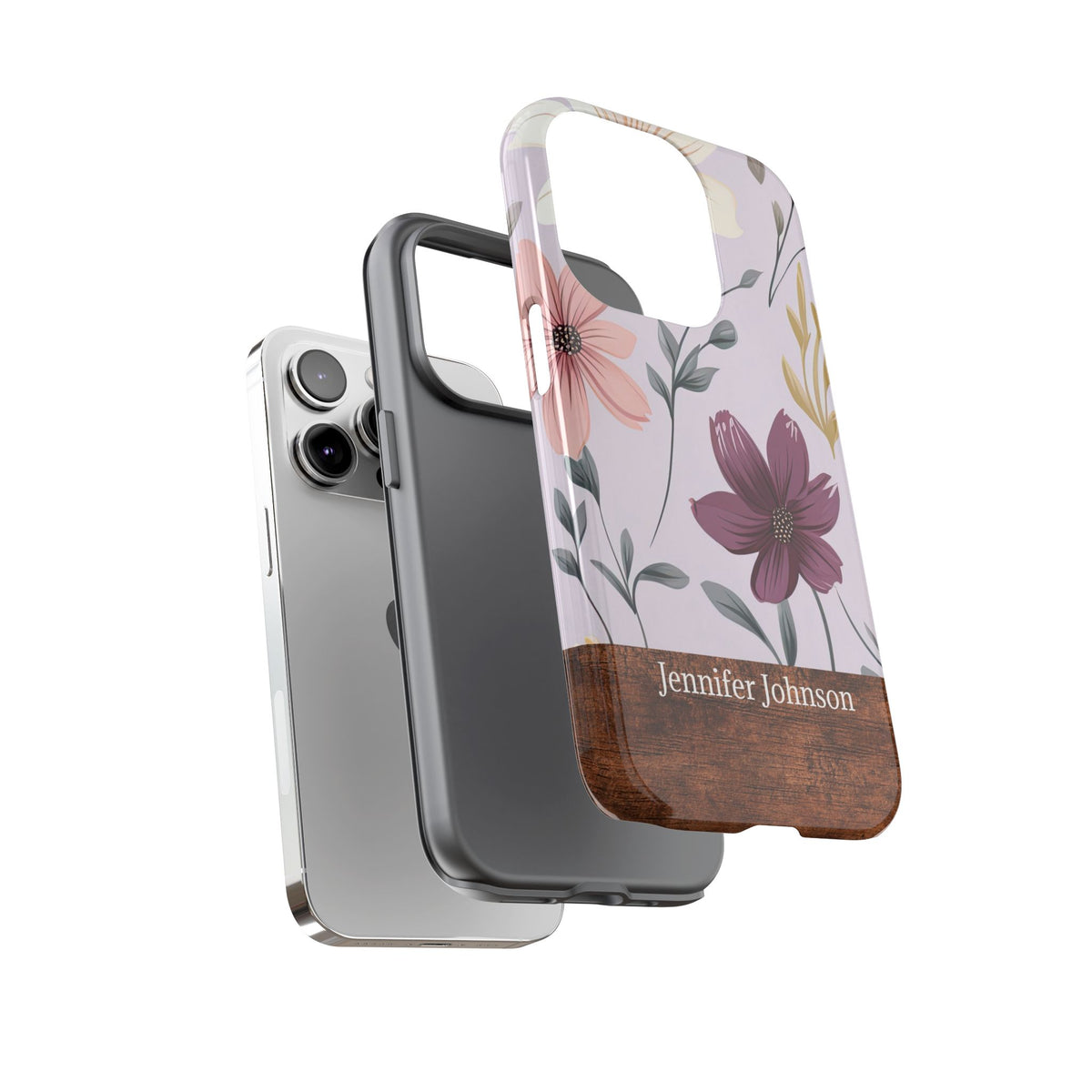 Personalized Floral Phone Case with Name – Wood Accent Tough Case