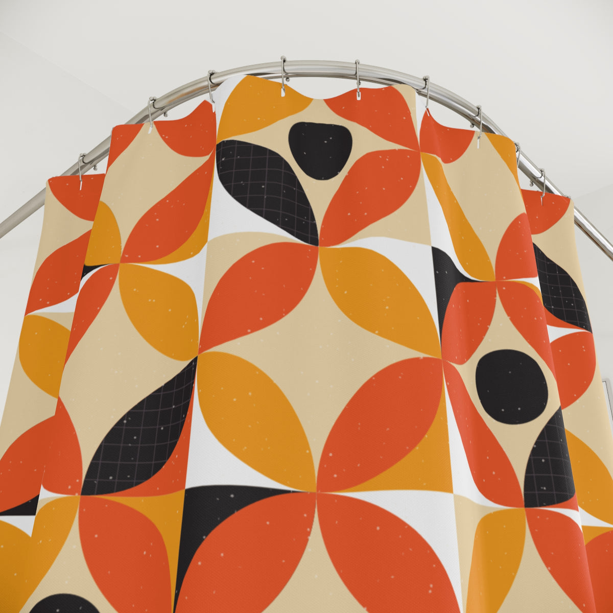 Mid Century Modern Shower Curtain | Retro Geometric Bathroom Decor | Orange Mustard 70s Pattern Bath Curtain