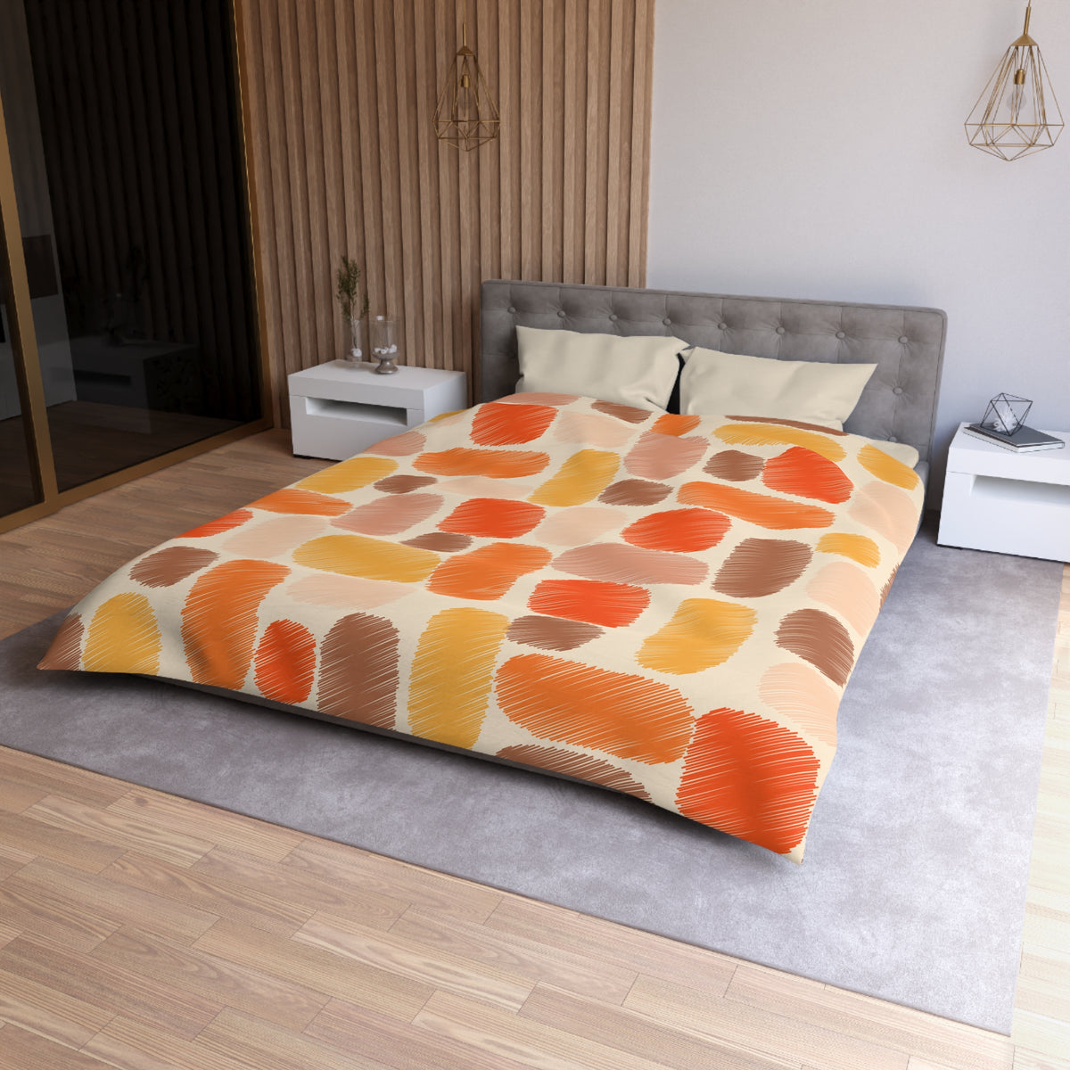 Abstract Brushstroke Squares Microfiber Duvet Cover | Autumn Ochre Terracotta Pattern