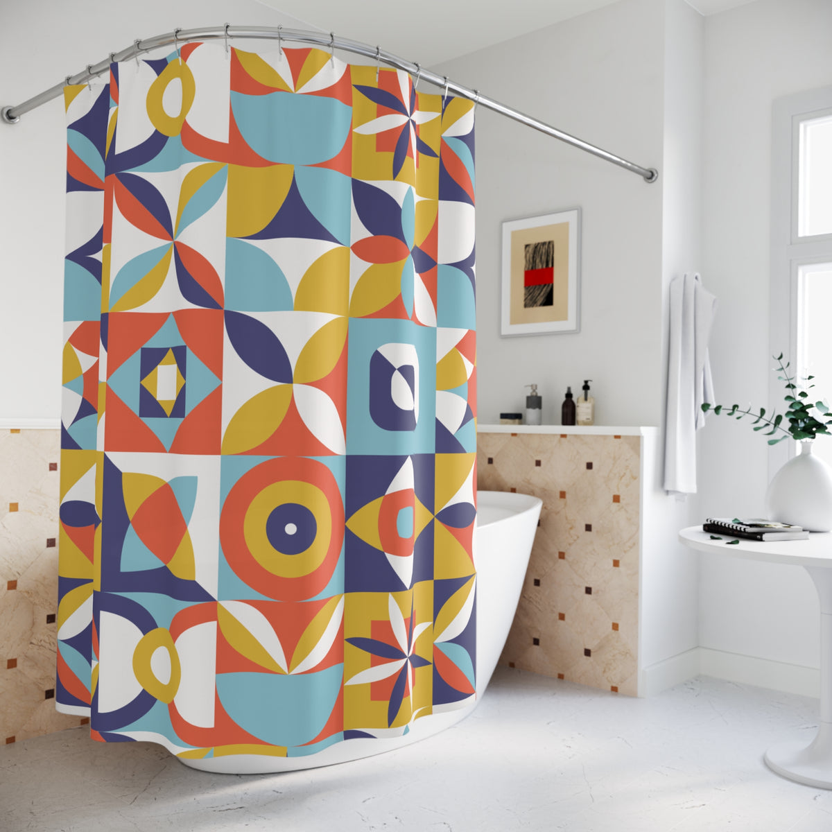 Mid Century Modern Shower Curtain | Colorful Retro Geometric Bathroom Decor | 70s Mod Bath Curtain