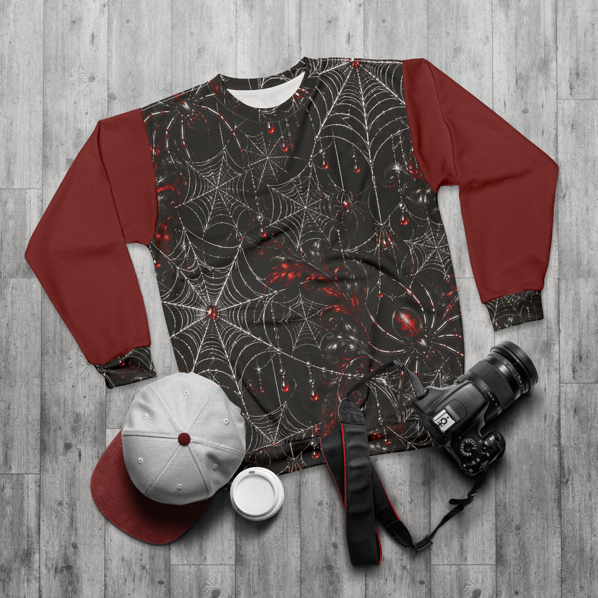 Gothic Spiderweb Unisex Sweatshirt – Black & Red Spider Print