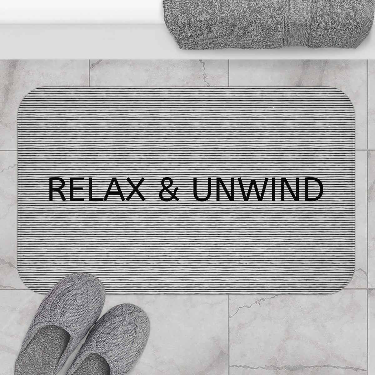 Relax & Unwind Bath Mat – Minimalist Gray Bathroom Decor