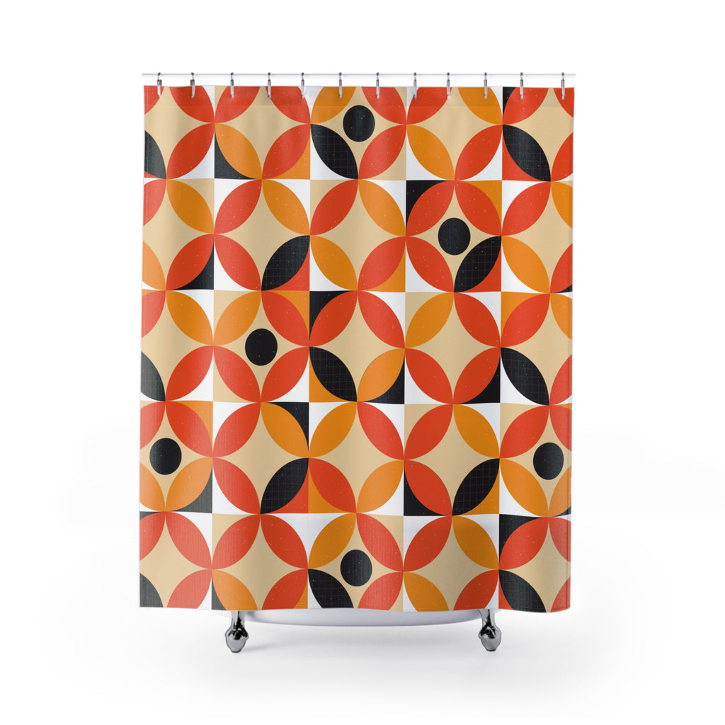 Mid Century Modern Shower Curtain | Retro Geometric Bathroom Decor | Orange Mustard 70s Pattern Bath Curtain